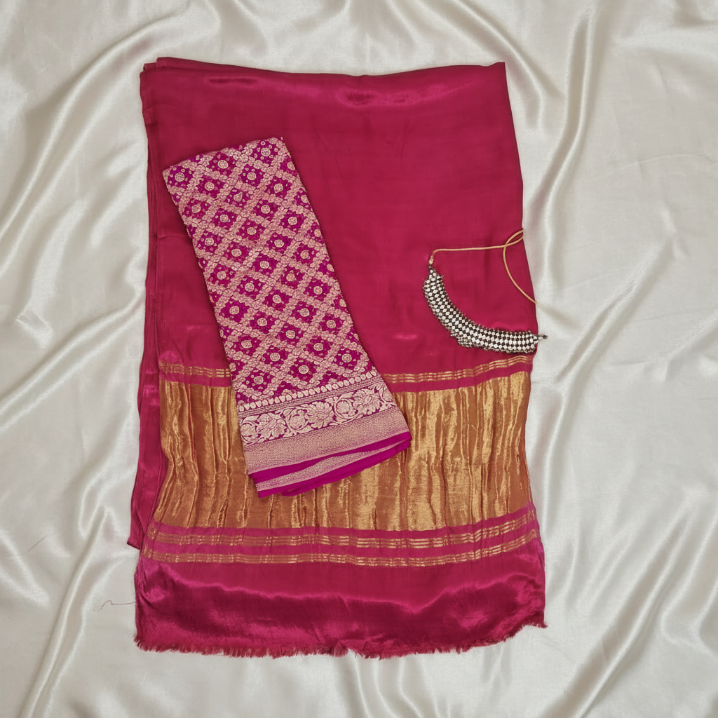 Pink and gold saree with a matching blouse on a off white satin background