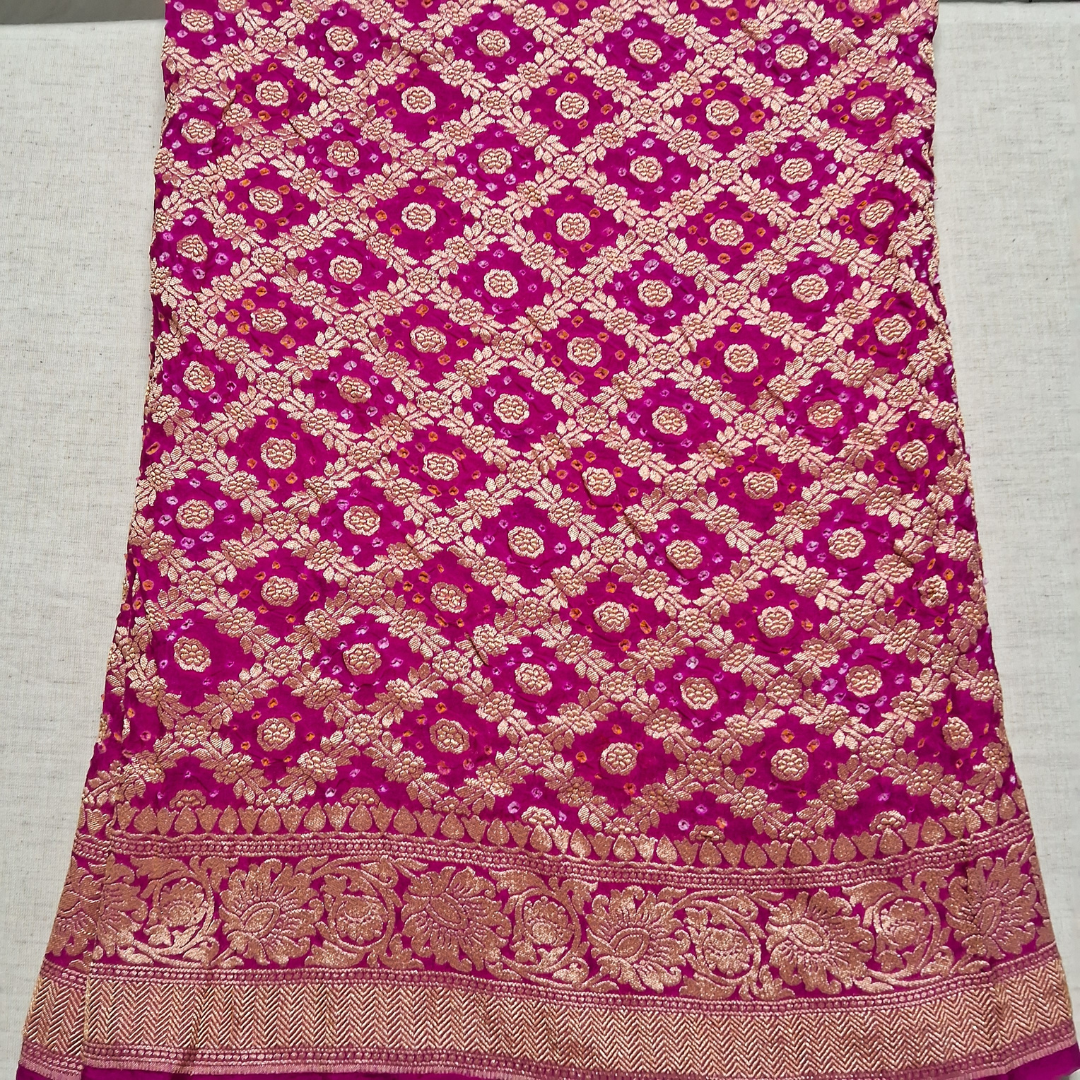 banarasi georgette pink bandhani blouse piece flat lay on white background