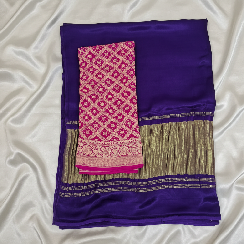 Purple saree with pink and gold border blouse piece on a off white satin background