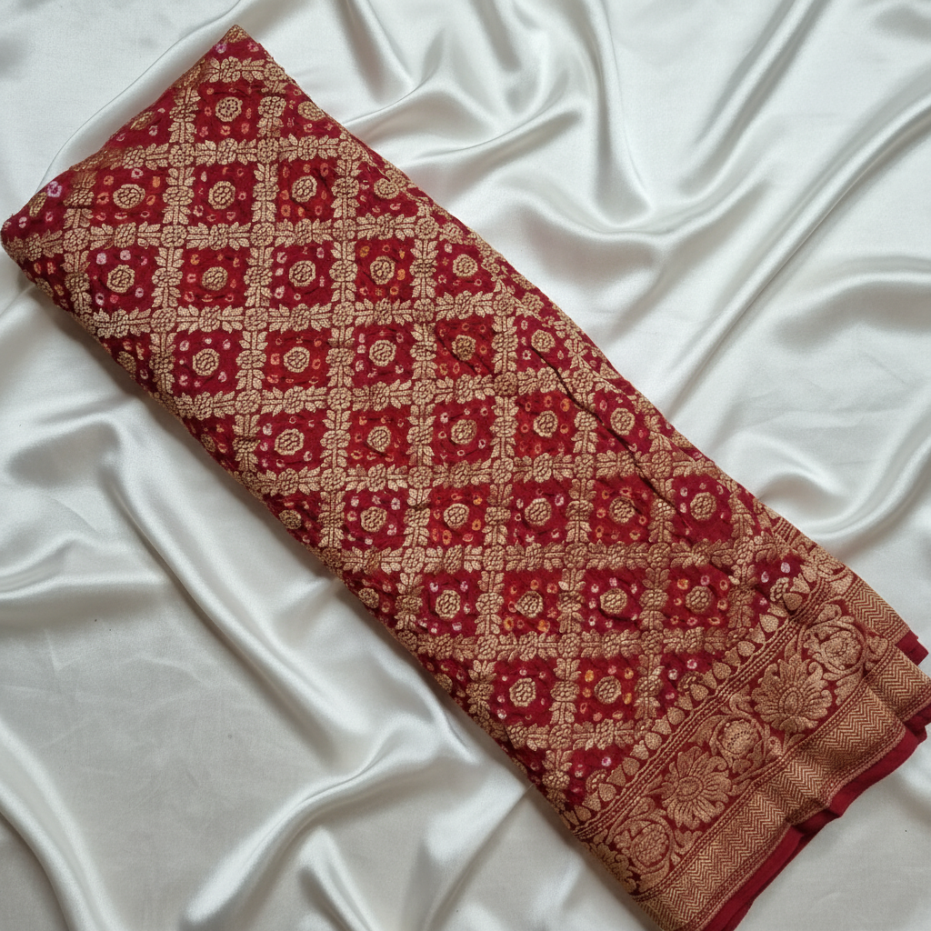 banarasi georgette red bandhani blouse piece flat lay on white fabric