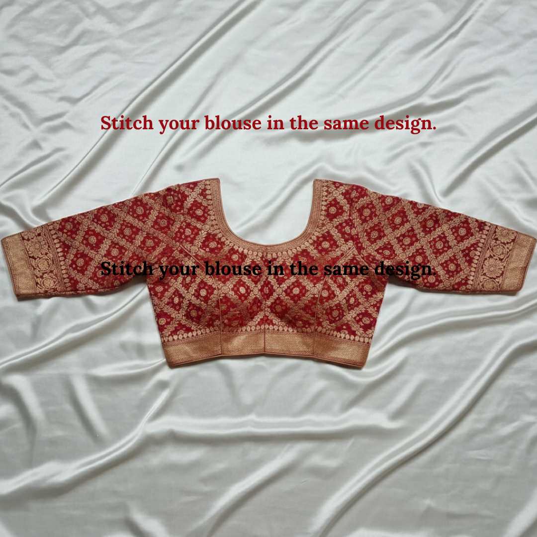 banarasi georgette red bandhani blouse piece flat lay on white fabric