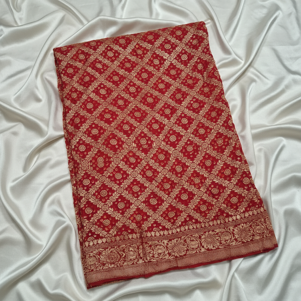 banarasi georgette red bandhani blouse piece flat lay on white background