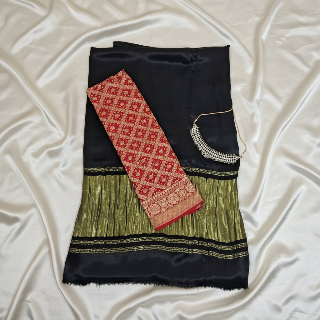 Flat lay black saree with red bandhani blouse piece on it on a offwhite satin background