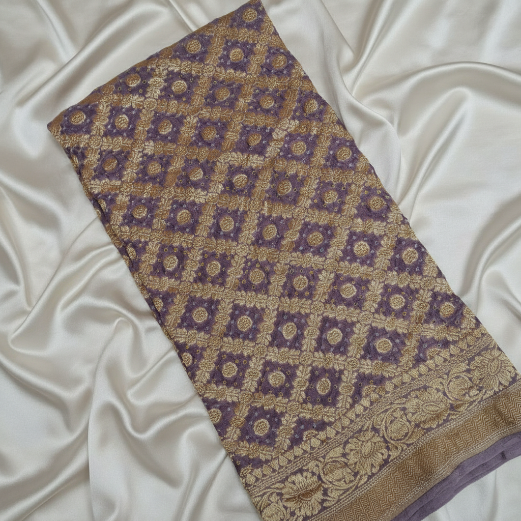 banarasi georgette wine bandhani blouse piece flat lay on white background