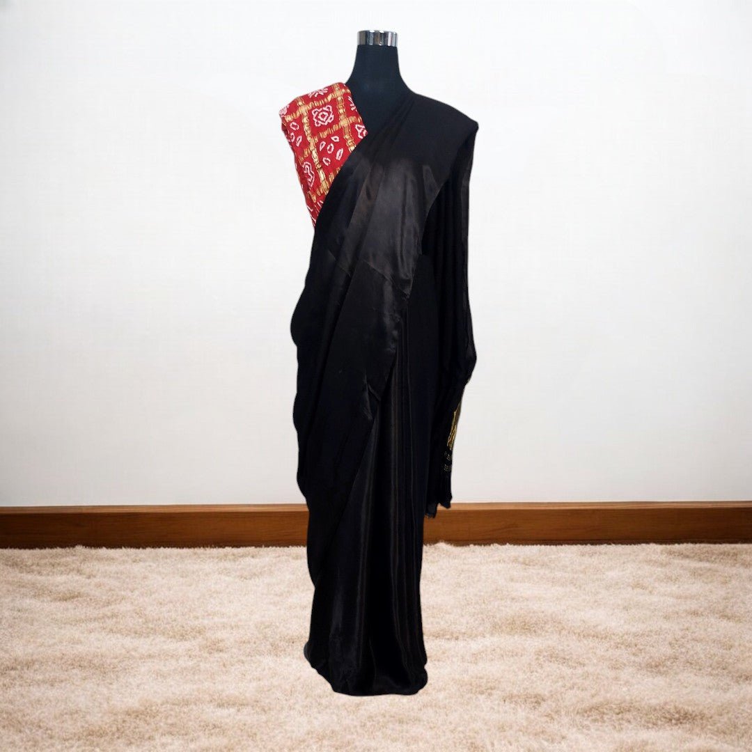 Black Plain Saree With Zari Border – Handmade Bandhani Saree in Gajji/Modal Silk | Aj Designs