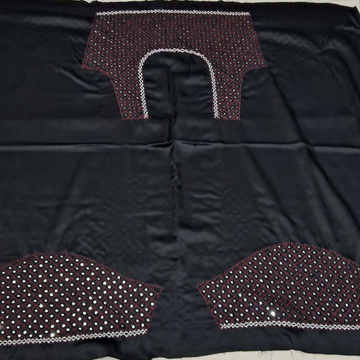 Black Mashru silk blouse piece with red mirror and thread work, 1 metre