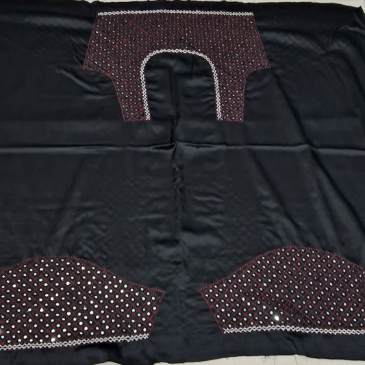 Black Mashru silk blouse piece with red mirror and thread work, 1 metre