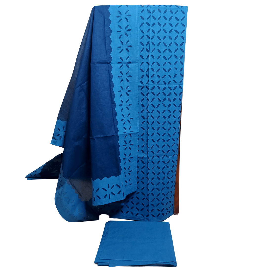 Blue Cotton Applique Dress Material – Handmade Bandhani Saree in Gajji/Modal Silk | Aj Designs