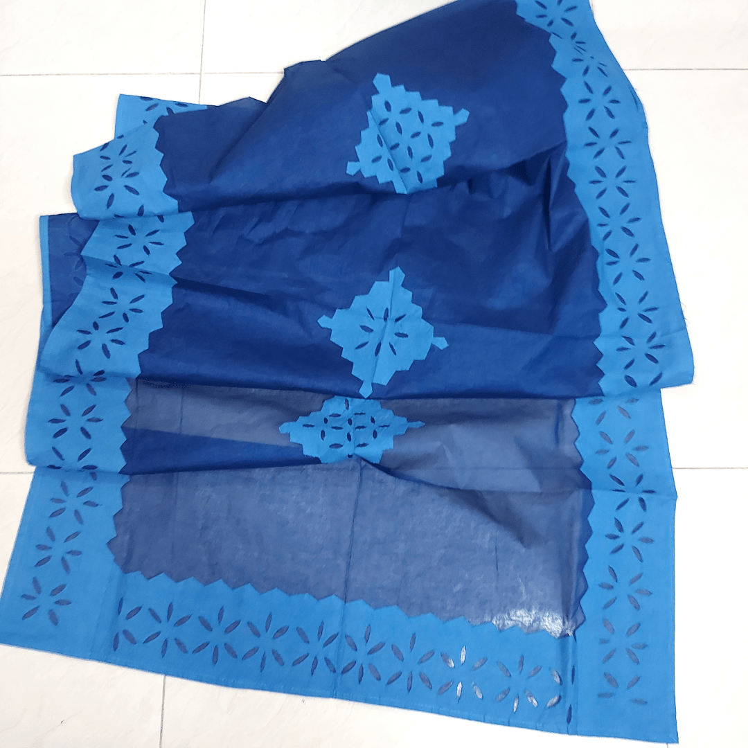 Blue Cotton Applique Dress Material – Handmade Bandhani Saree in Gajji/Modal Silk | Aj Designs