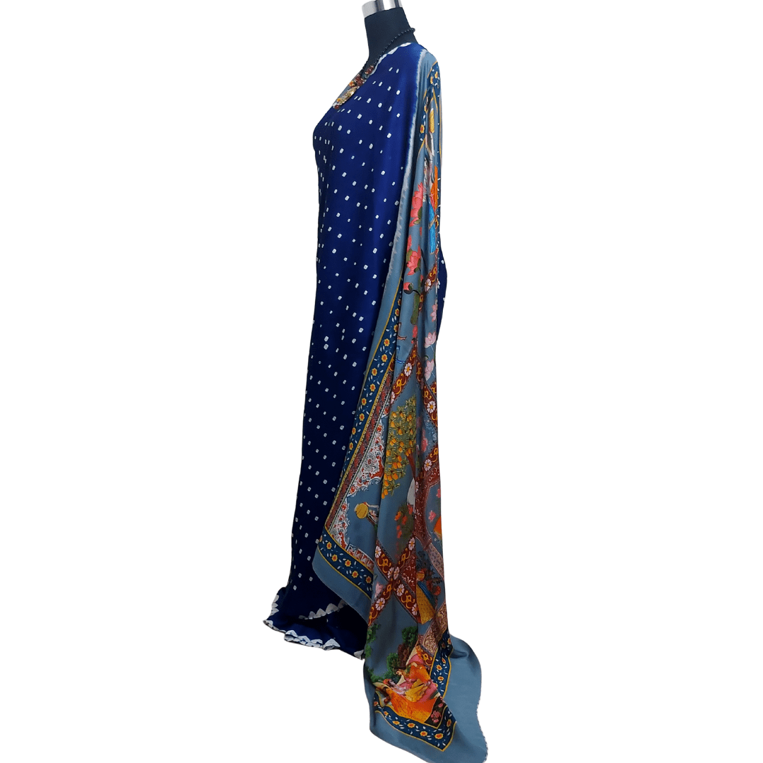 BLUE GRAY PICHWAI BANDHANI SAREE – Handmade Bandhani Saree in Gajji/Modal Silk | Aj Designs