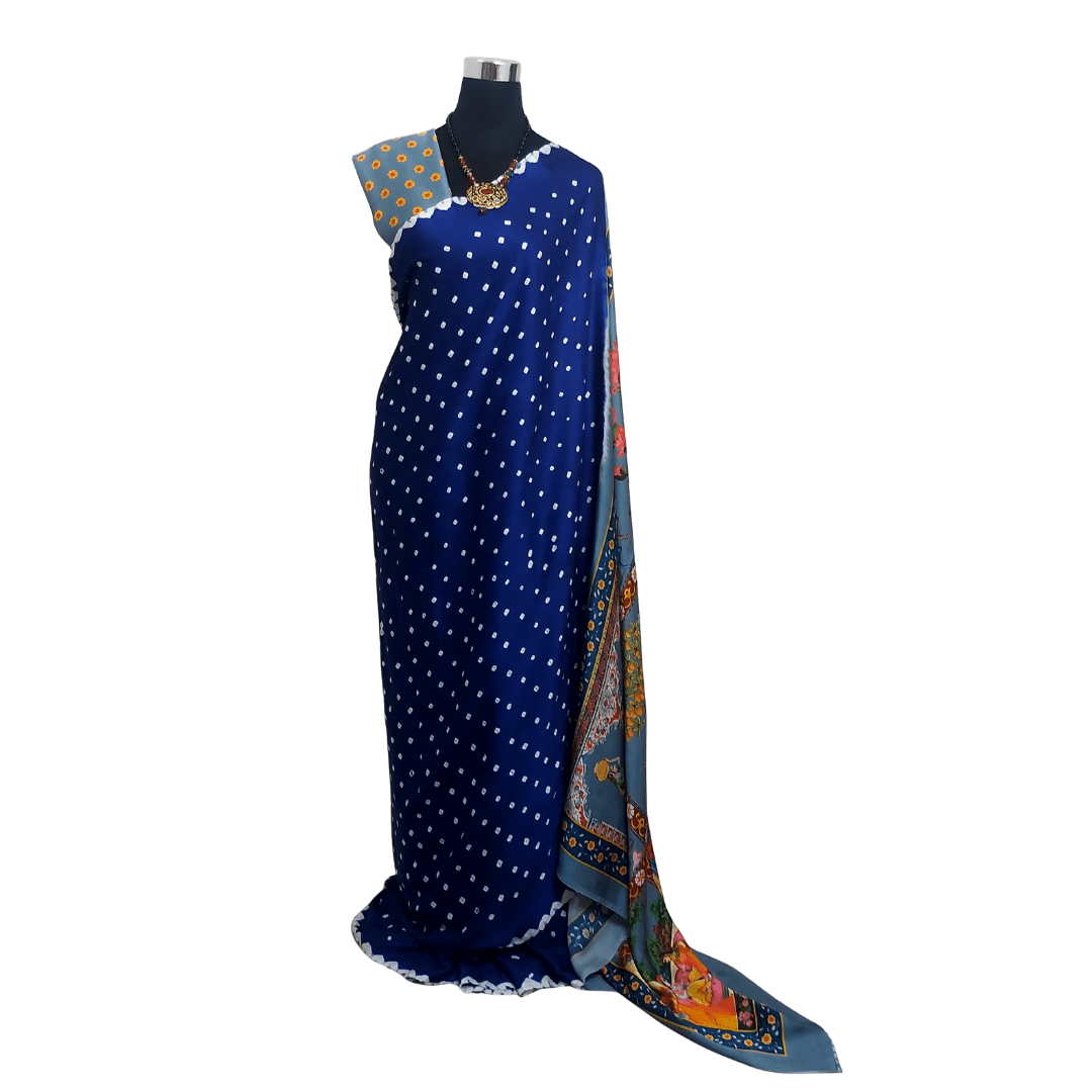 BLUE GRAY PICHWAI BANDHANI SAREE – Handmade Bandhani Saree in Gajji/Modal Silk | Aj Designs