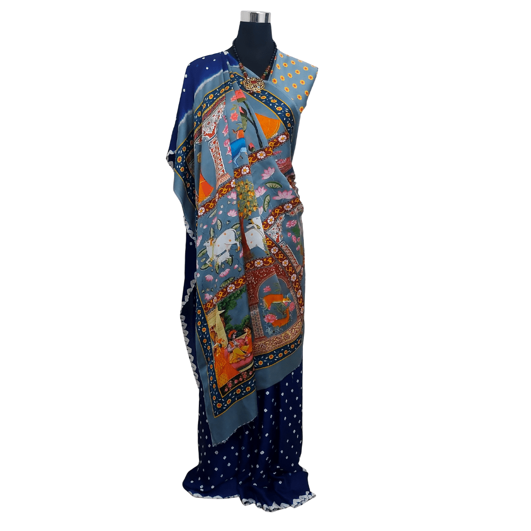 BLUE GRAY PICHWAI BANDHANI SAREE – Handmade Bandhani Saree in Gajji/Modal Silk | Aj Designs