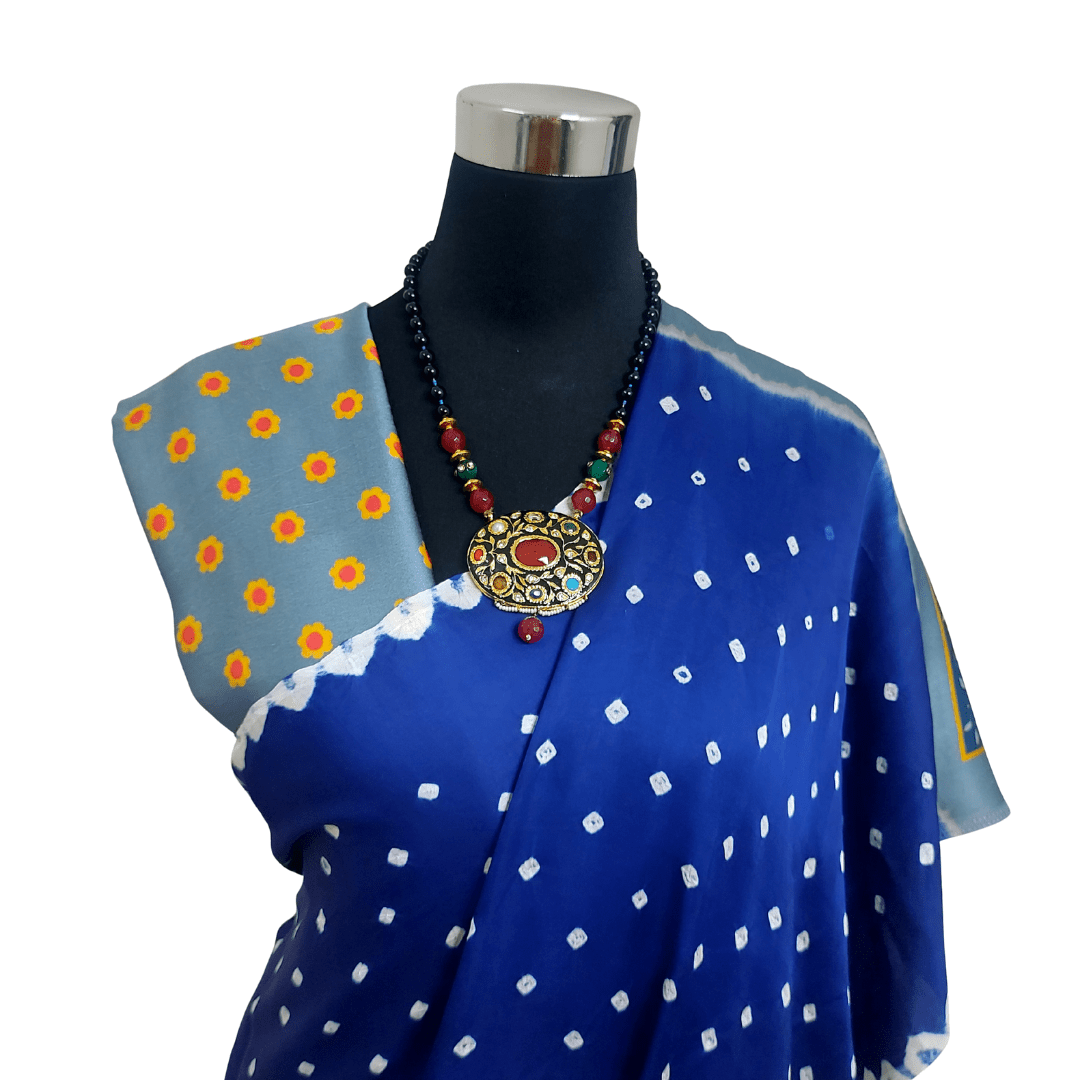 BLUE GRAY PICHWAI BANDHANI SAREE – Handmade Bandhani Saree in Gajji/Modal Silk | Aj Designs