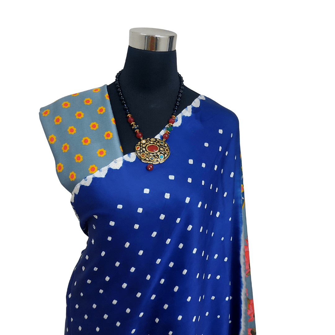 BLUE GRAY PICHWAI BANDHANI SAREE – Handmade Bandhani Saree in Gajji/Modal Silk | Aj Designs