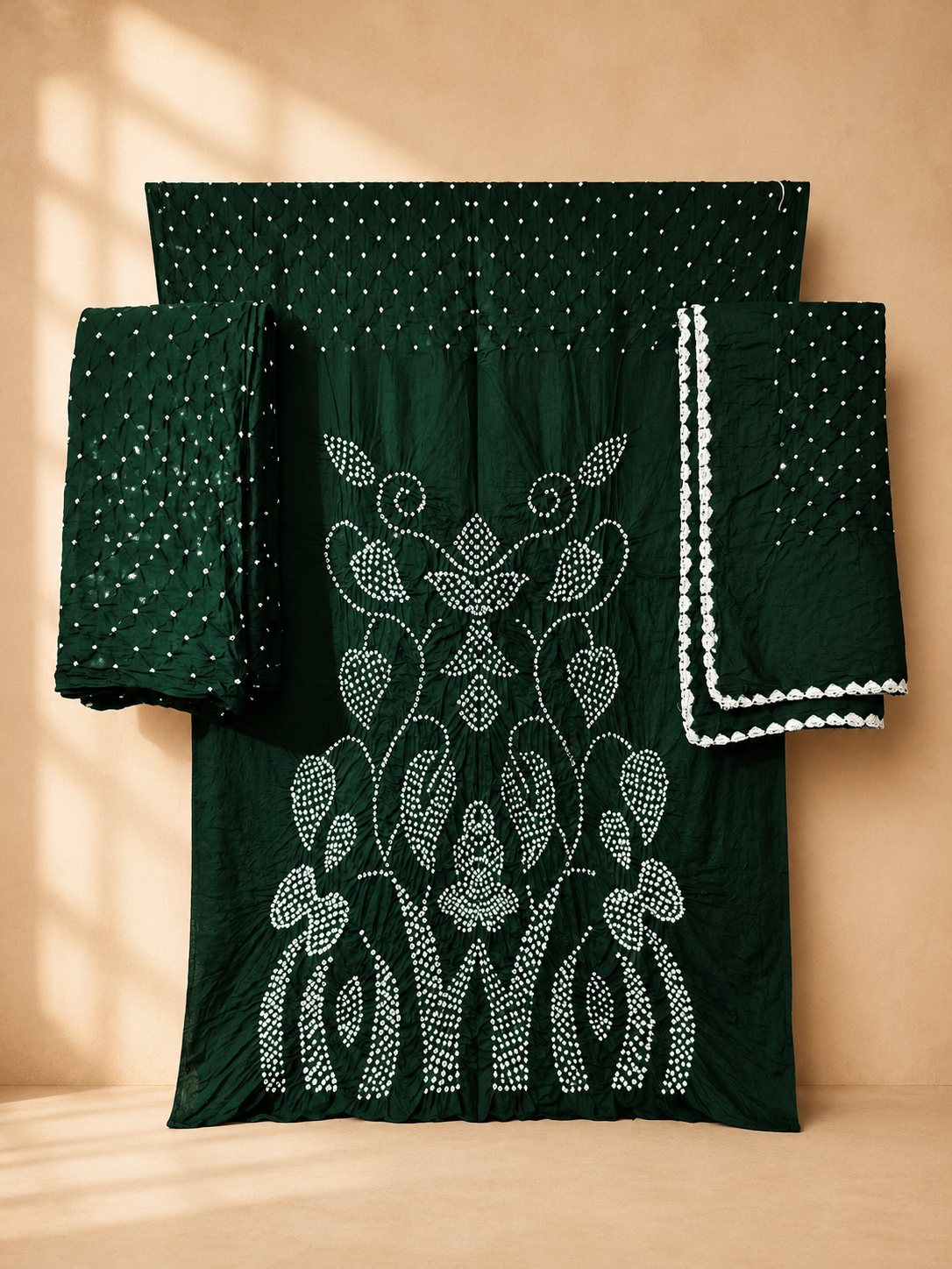 Bottle Green Raidana Design Cotton Satin Bandhani Dress Material with top, bottom and dupatta