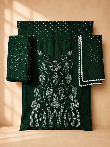 Bottle Green Raidana Design Cotton Satin Bandhani Dress Material with top, bottom and dupatta