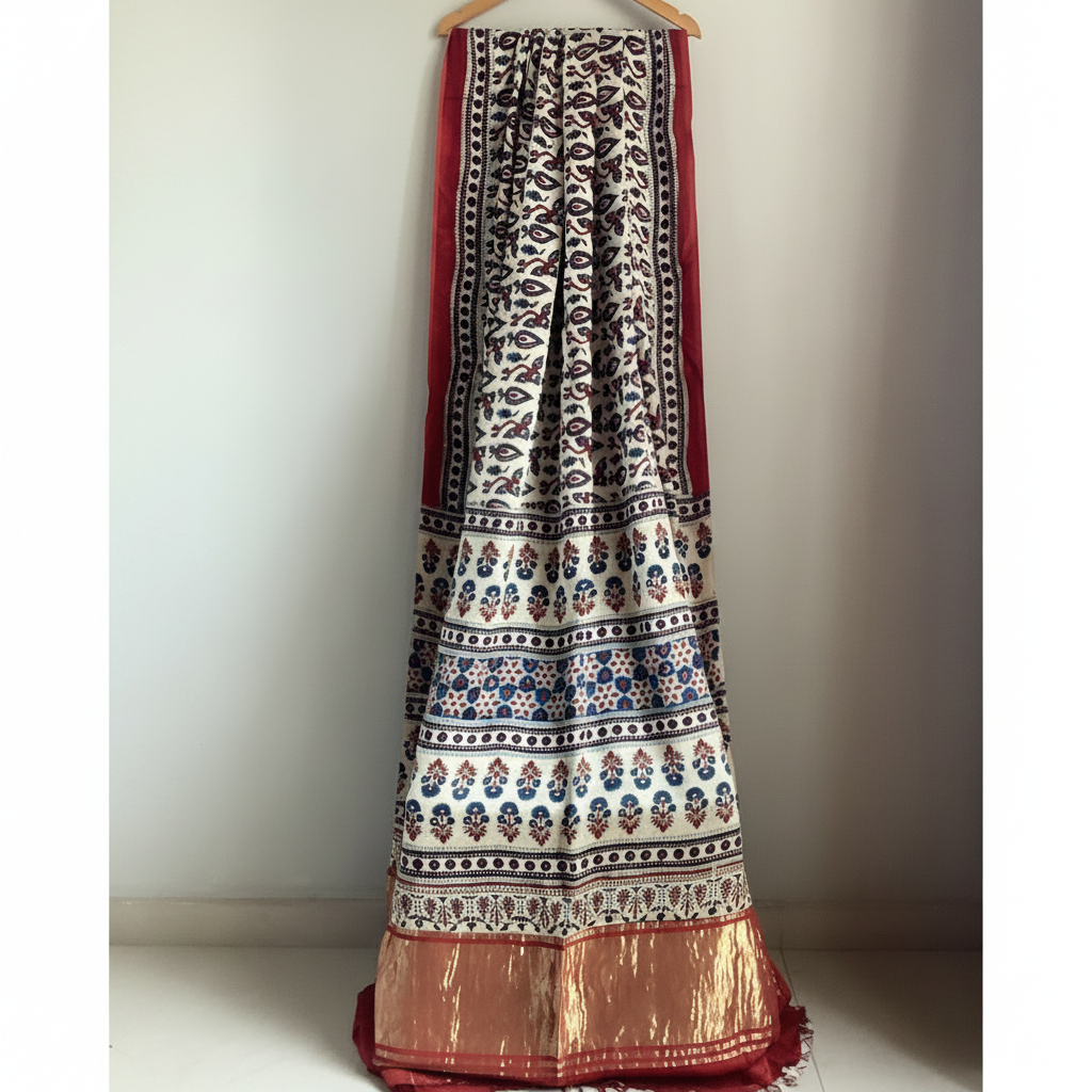 Ajrakh block print saree on a hanger against a plain background