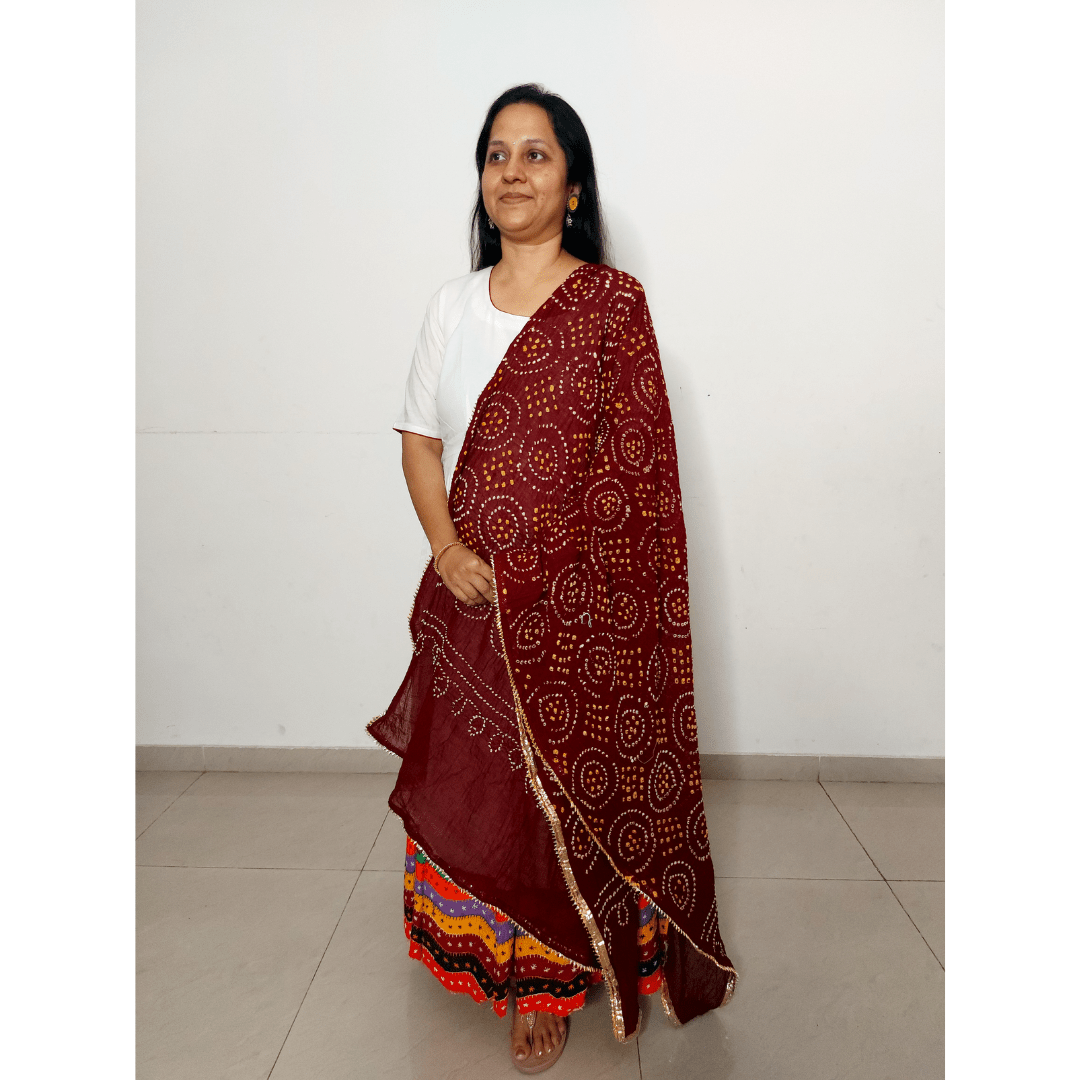 Cotton Bandhani Dupatta Gol Chakkar Design – Handmade Bandhani Saree in Gajji/Modal Silk | Aj Designs