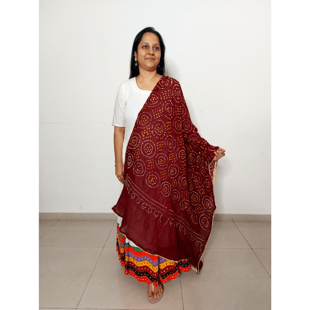 Cotton Bandhani Dupatta Gol Chakkar Design – Handmade Bandhani Saree in Gajji/Modal Silk | Aj Designs