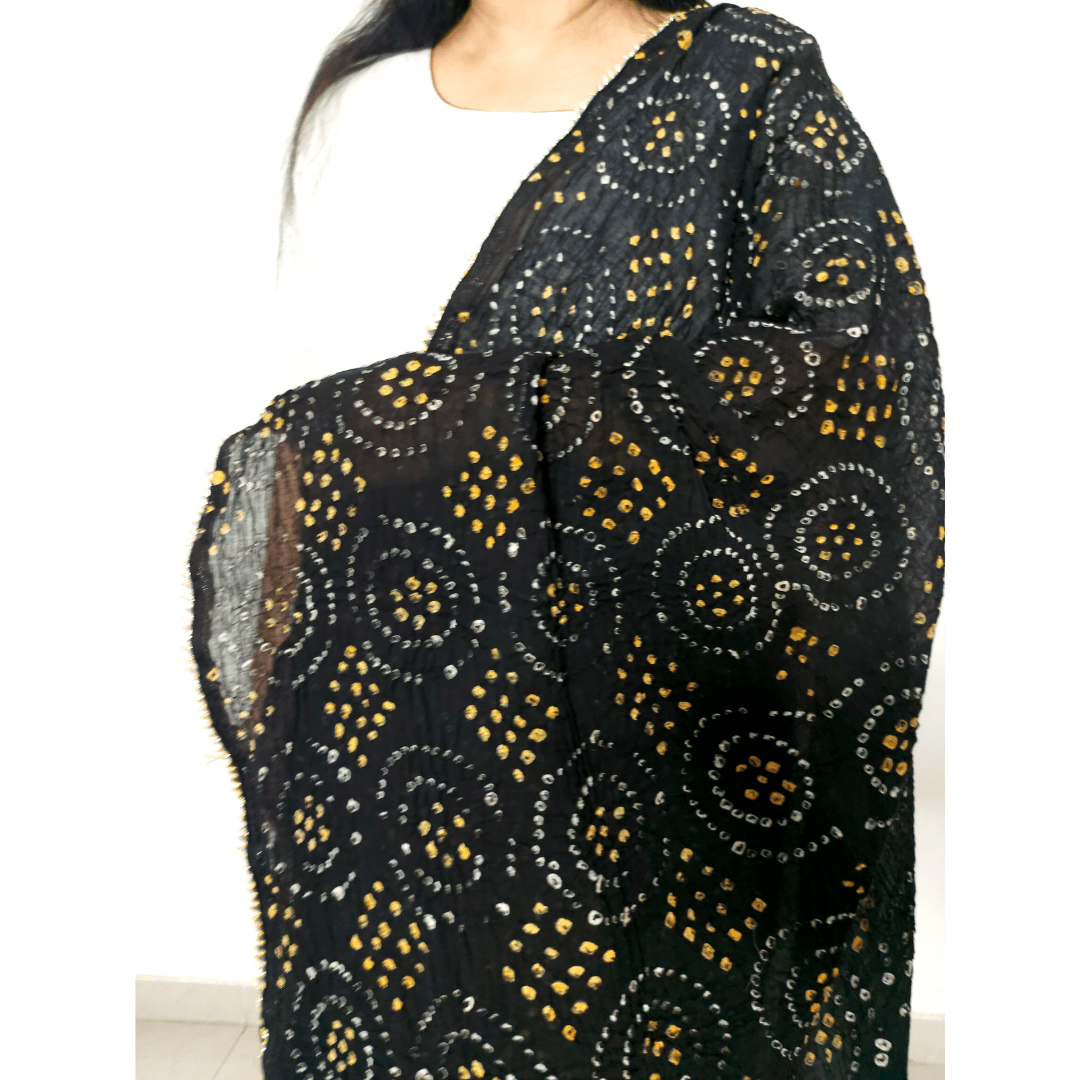 Cotton Bandhani Dupatta Gol Chakkar Design Black – Handmade Bandhani Saree in Gajji/Modal Silk | Aj Designs