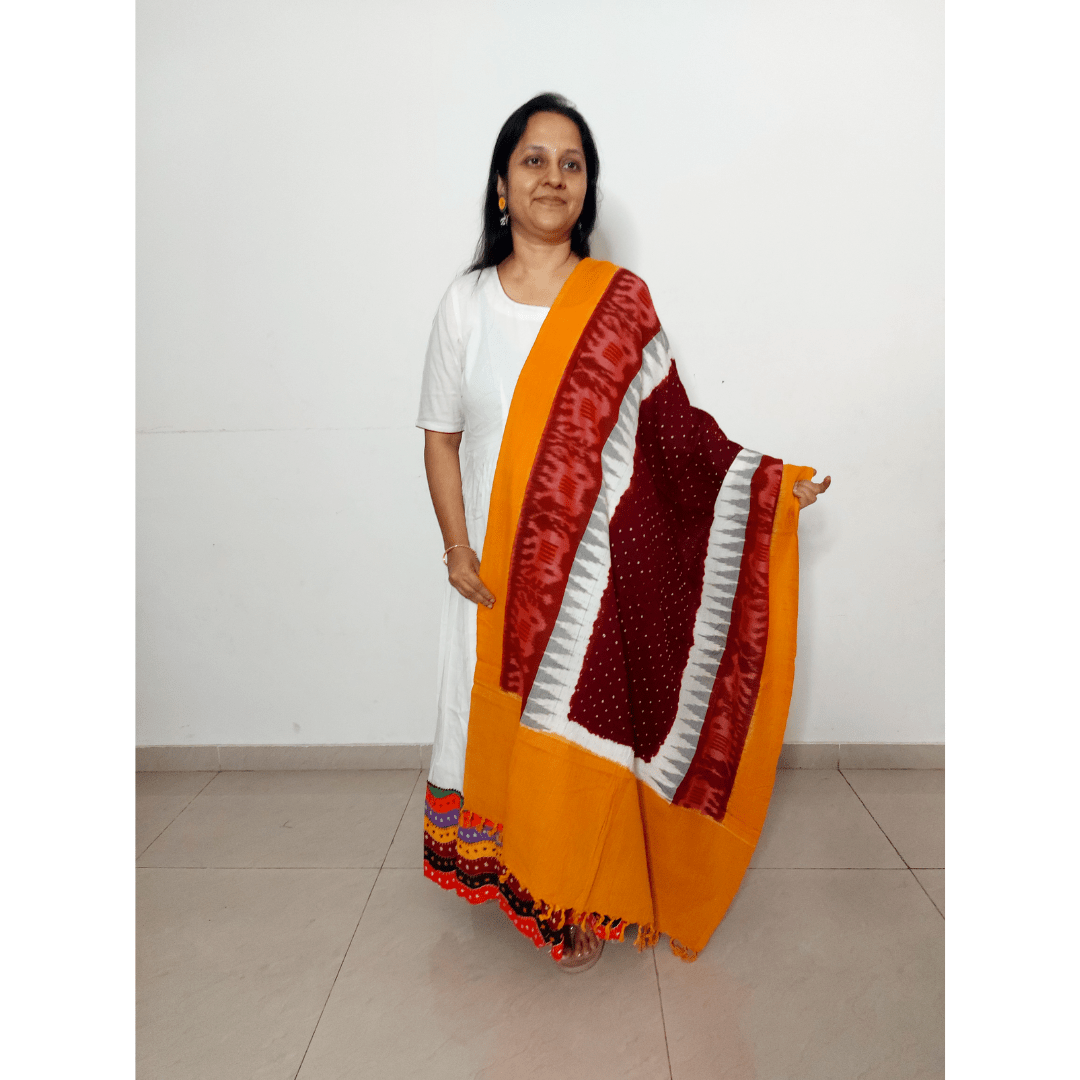 Cotton Ikkat Bandhani Dupatta - Gulab – Handmade Bandhani Saree in Gajji/Modal Silk | Aj Designs