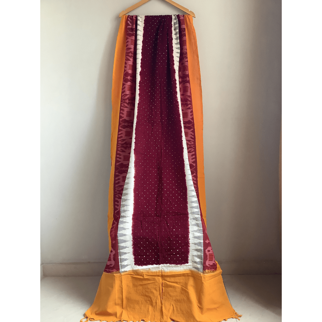 Cotton Ikkat Bandhani Dupatta - Gulab – Handmade Bandhani Saree in Gajji/Modal Silk | Aj Designs
