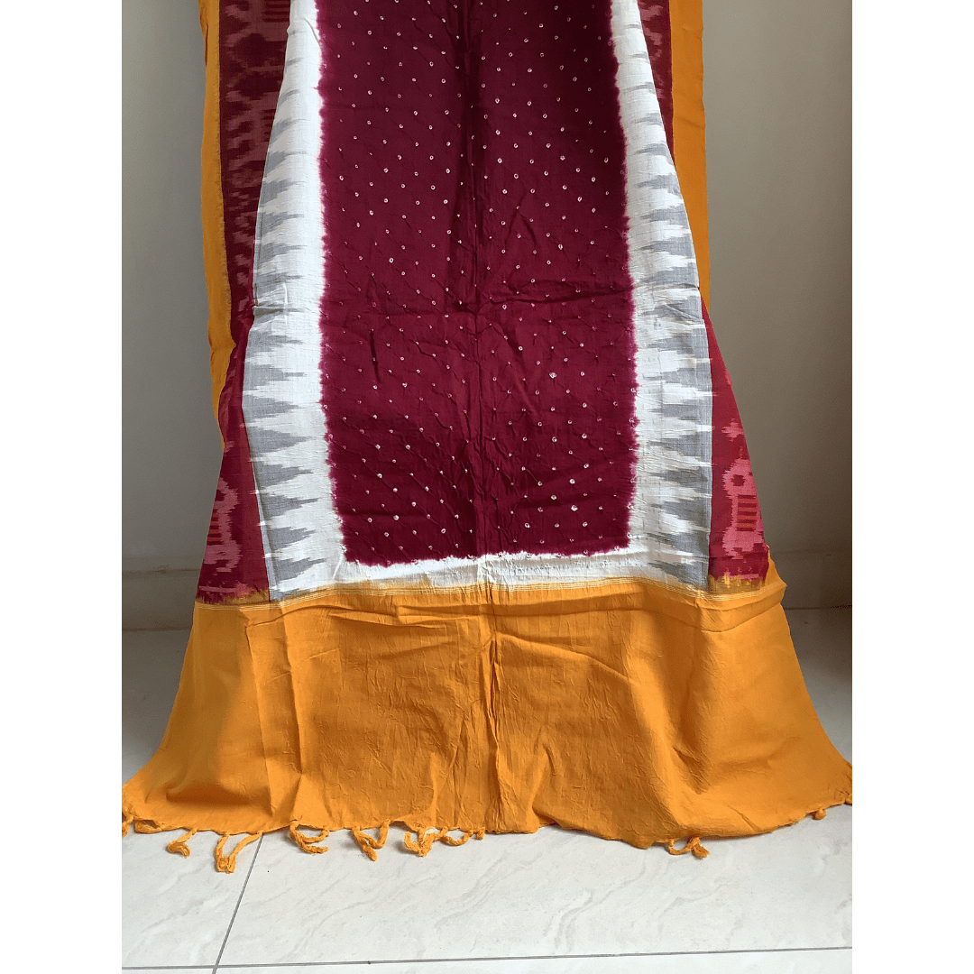 Cotton Ikkat Bandhani Dupatta - Gulab – Handmade Bandhani Saree in Gajji/Modal Silk | Aj Designs