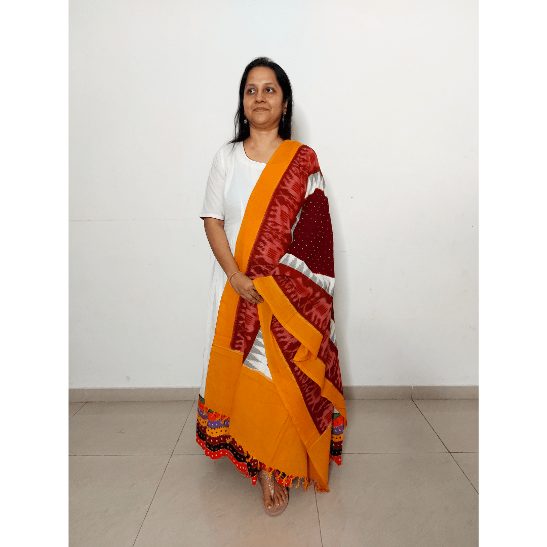 Cotton Ikkat Bandhani Dupatta - Gulab – Handmade Bandhani Saree in Gajji/Modal Silk | Aj Designs