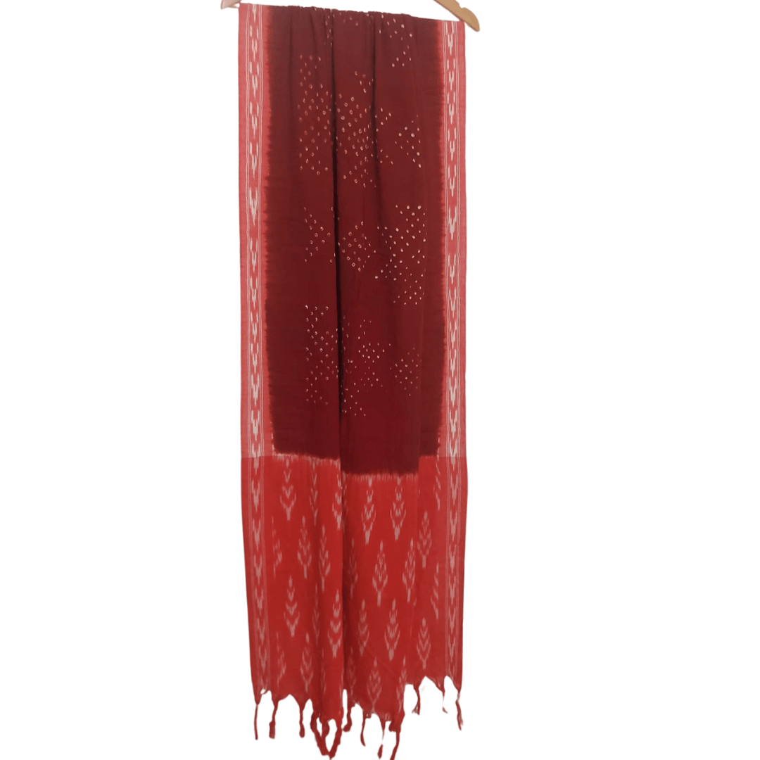 Cotton Ikkat Bandhani Dupatta - Red Maroon – Handmade Bandhani Saree in Gajji/Modal Silk | Aj Designs