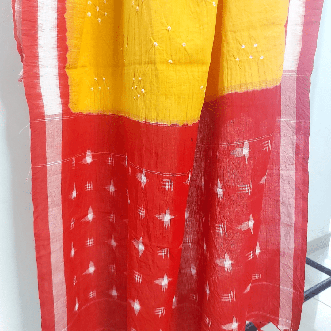 Cotton Ikkat Bandhani Dupatta - Red Yellow – Handmade Bandhani Saree in Gajji/Modal Silk | Aj Designs