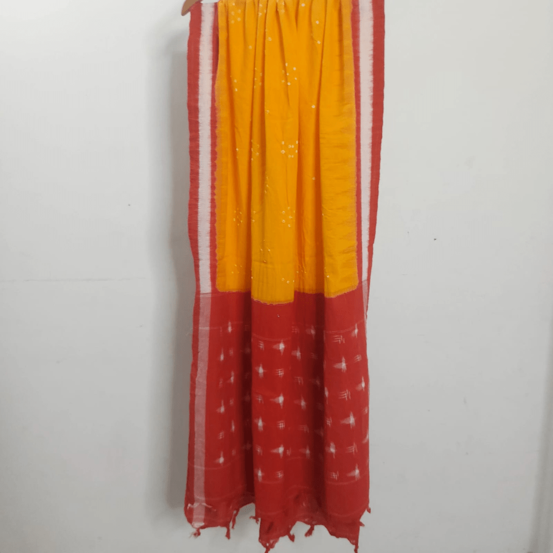 Cotton Ikkat Bandhani Dupatta - Red Yellow – Handmade Bandhani Saree in Gajji/Modal Silk | Aj Designs