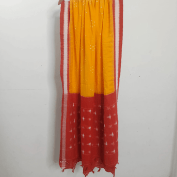 Cotton Ikkat Bandhani Dupatta - Red Yellow – Handmade Bandhani Saree in Gajji/Modal Silk | Aj Designs