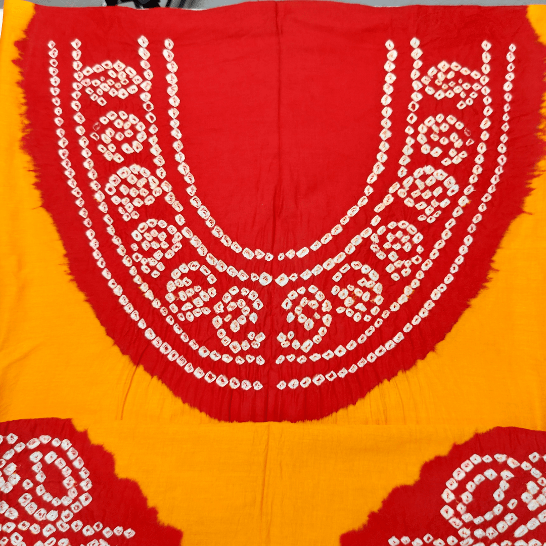 Cotton Satin Yellow Red Bandhani Blouse Piece for Summer Neck Design