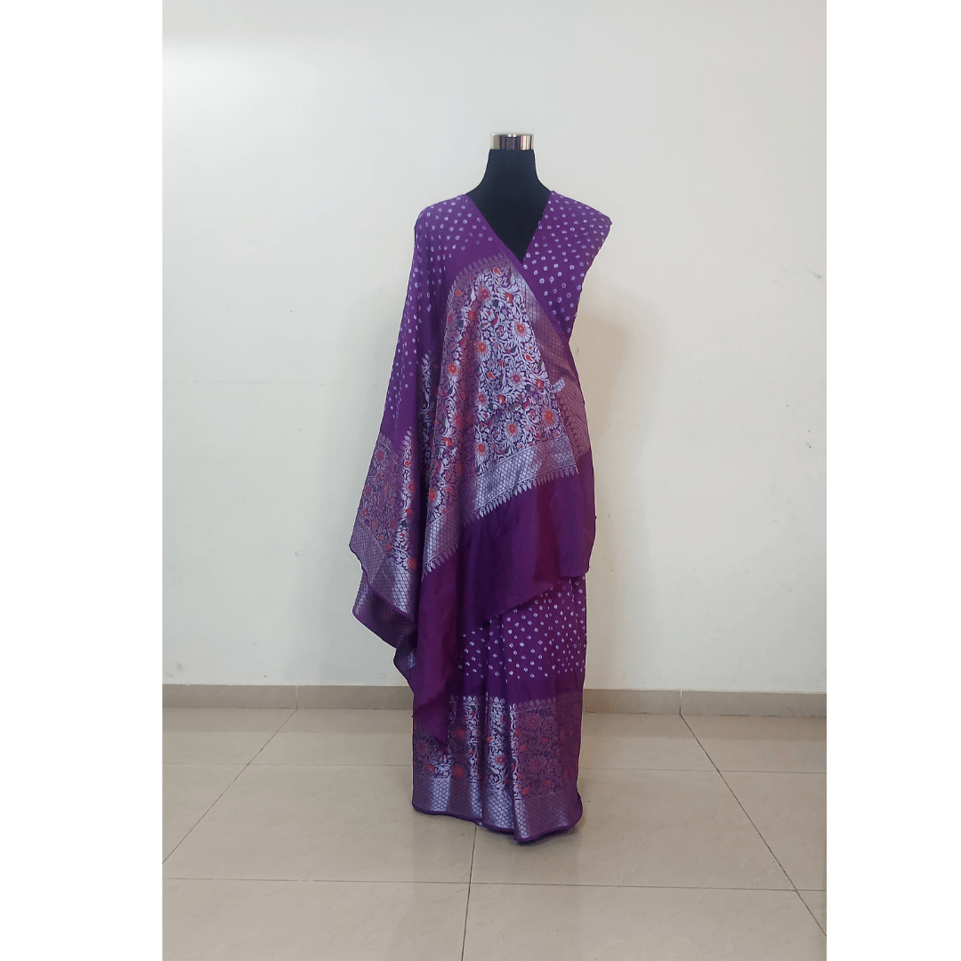 Eva : Purple Powerloom Kanjivaram Bandhani Saree – Handmade Bandhani Saree in Gajji/Modal Silk | Aj Designs