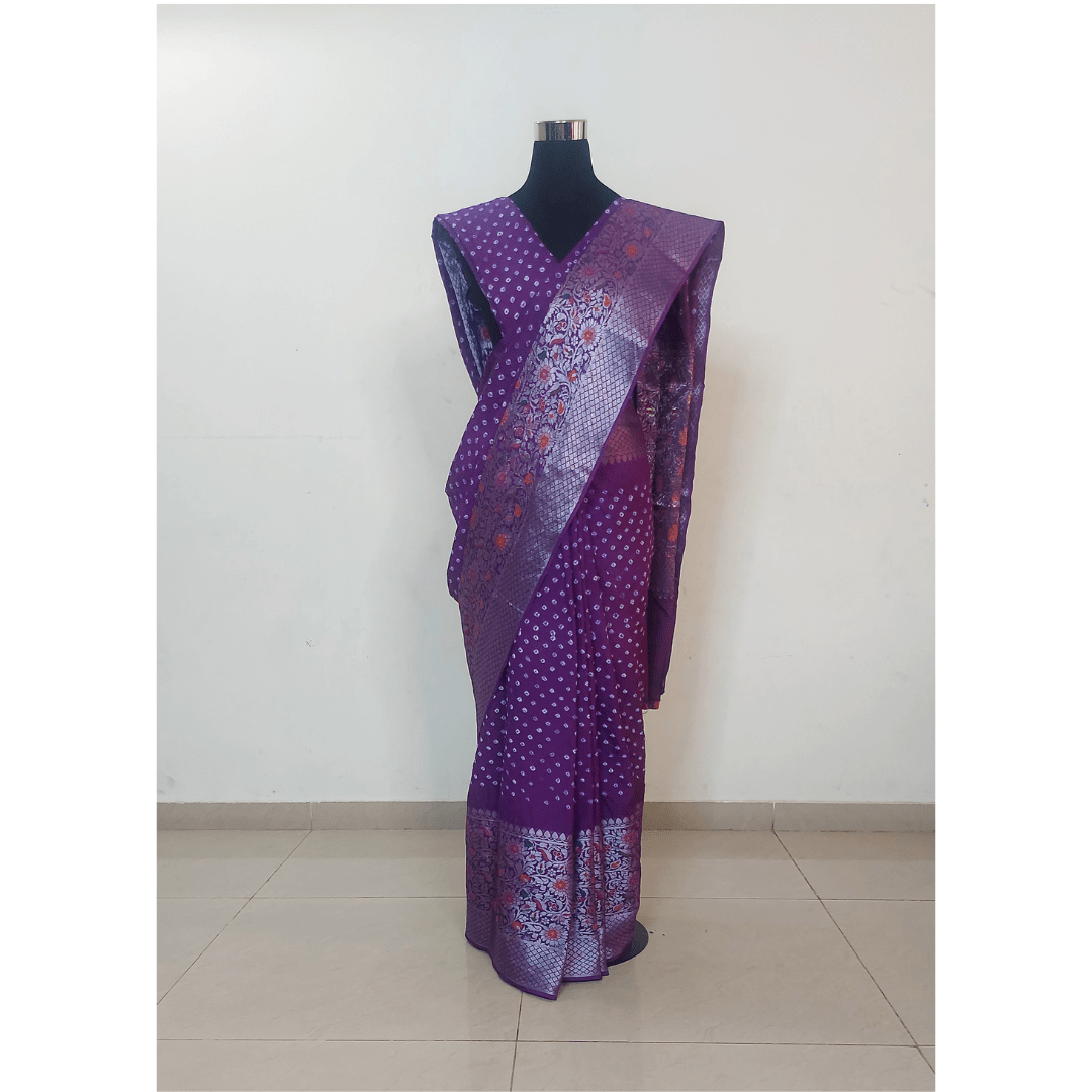 Eva : Purple Powerloom Kanjivaram Bandhani Saree – Handmade Bandhani Saree in Gajji/Modal Silk | Aj Designs