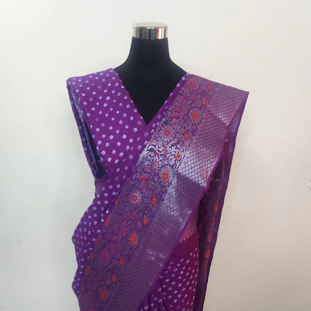Eva : Purple Powerloom Kanjivaram Bandhani Saree – Handmade Bandhani Saree in Gajji/Modal Silk | Aj Designs