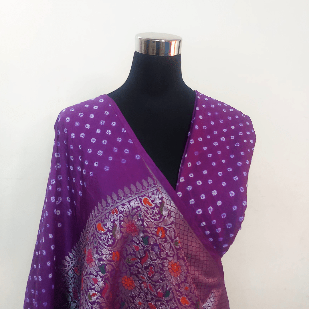 Eva : Purple Powerloom Kanjivaram Bandhani Saree – Handmade Bandhani Saree in Gajji/Modal Silk | Aj Designs