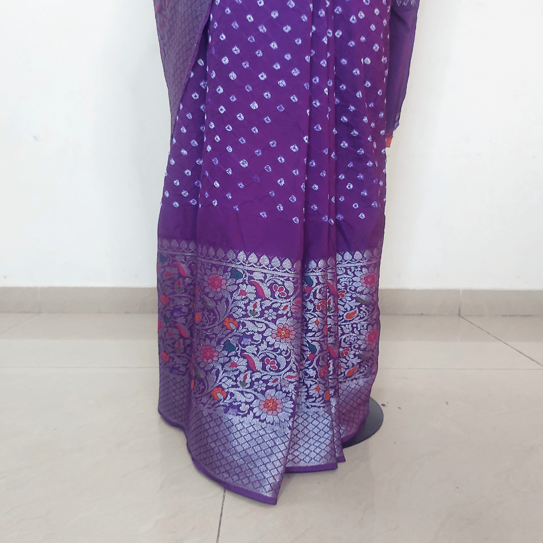 Eva : Purple Powerloom Kanjivaram Bandhani Saree – Handmade Bandhani Saree in Gajji/Modal Silk | Aj Designs