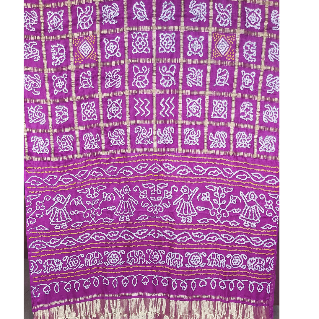 white yellow bandhej on purple saree