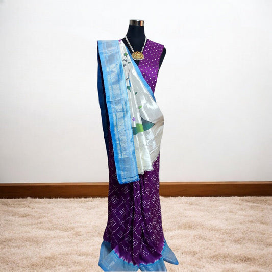Grace Divine - Purple Paithani Bandhani Saree – Handmade Bandhani Saree in Gajji/Modal Silk | Aj Designs