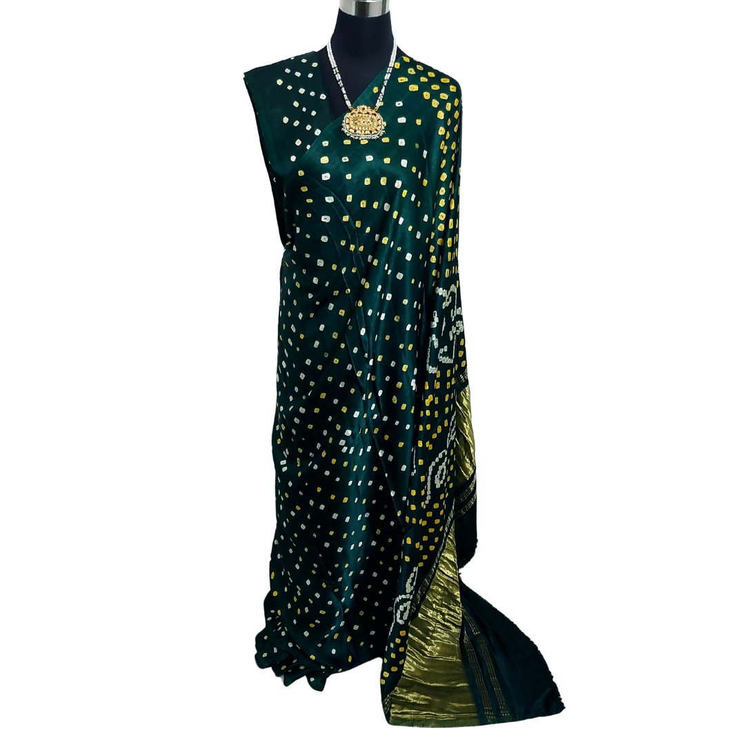 Green Mohini Bandhani Saree – Handmade Bandhani Saree in Gajji/Modal Silk | Aj Designs