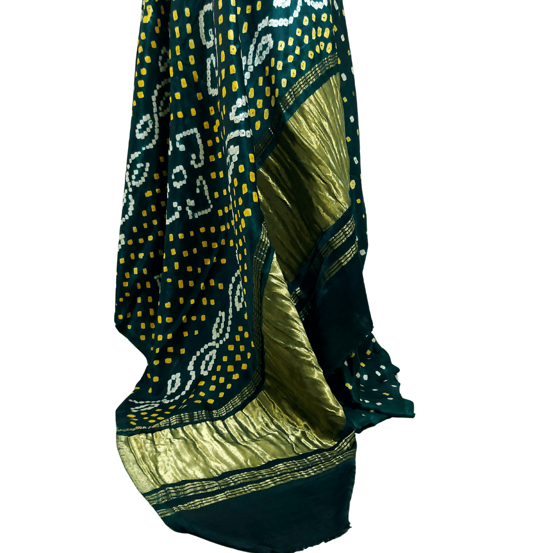 Green Mohini Bandhani Saree – Handmade Bandhani Saree in Gajji/Modal Silk | Aj Designs