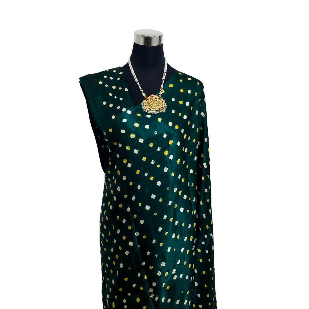 Green Mohini Bandhani Saree – Handmade Bandhani Saree in Gajji/Modal Silk | Aj Designs