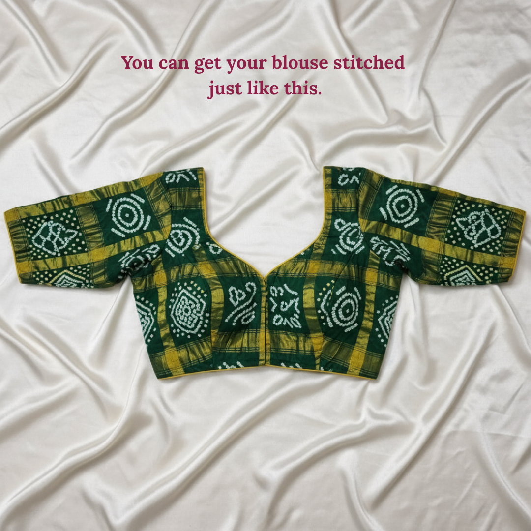 handloom cotton green gharchola bandhani blouse piece flat lay on white background with text on it