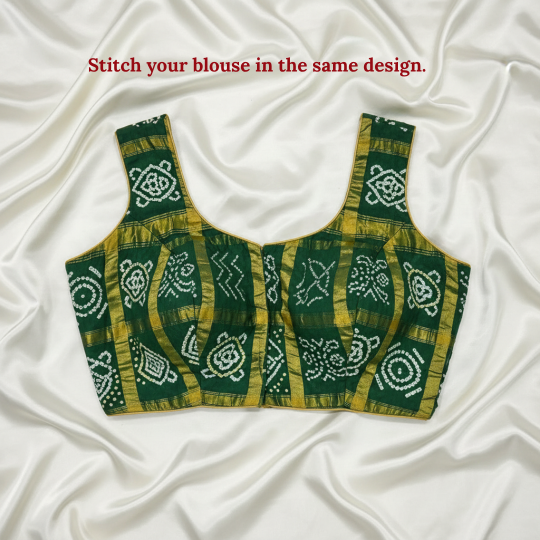 Green gharchola bandhani cotton  patterned blouse on a white fabric background with text.