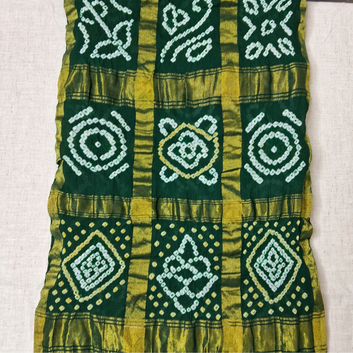 handloom cotton green gharchola bandhani blouse piece with white and yellow bandhej