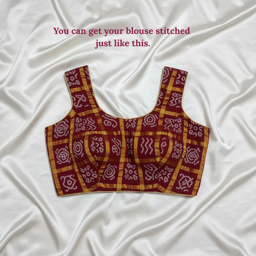 handloom cotton maroon patterned blouse on a white fabric background with text.