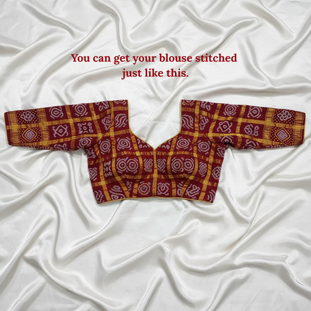 handloom cotton red gharchola bandhani blouse piece flat lay on white background with text on it