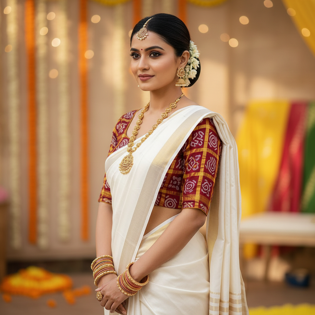 Woman in traditional Indian attire against a festive background