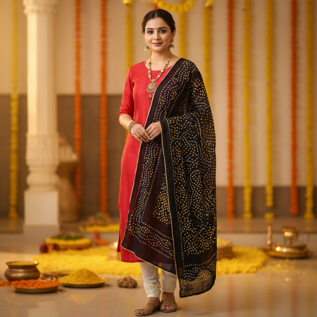 Woman in traditional attire standing in a decorated indoor setting